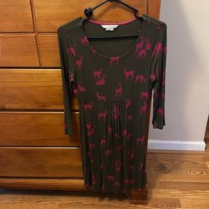Knee length olive and pink deer print  Boden dress.